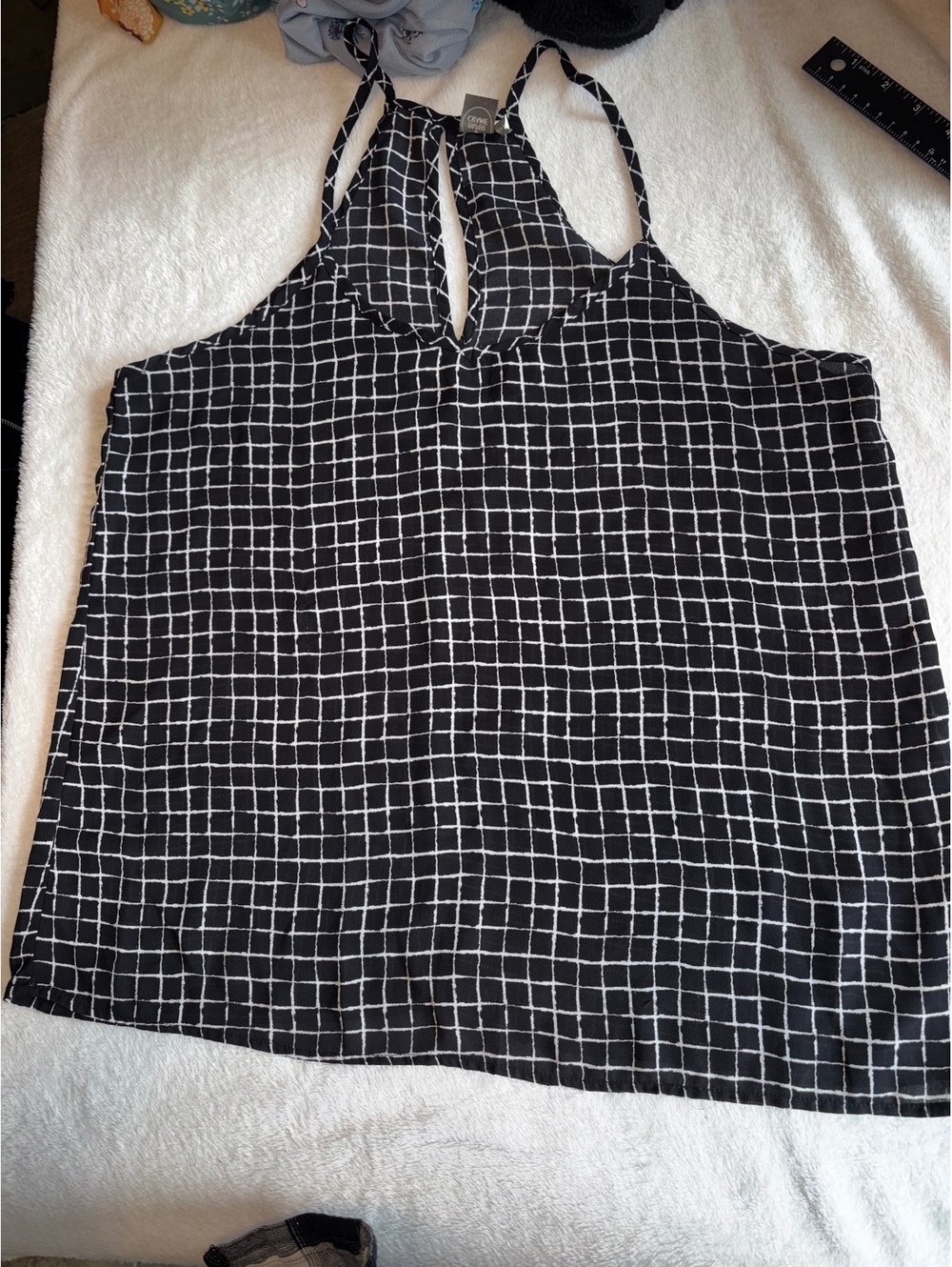 Paper Crane Black White Windowpane Grid Cami Tank Top Strappy Keyhole Blouse L